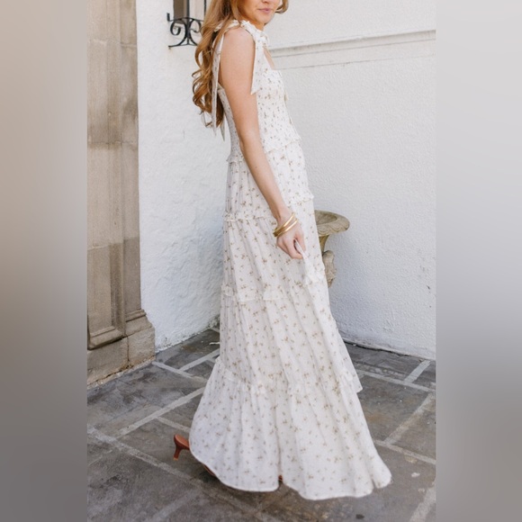 Boutique Cream Floral Smocked Tiered Maxi Dress | Bow Straps | Size Small - Picture 4 of 7